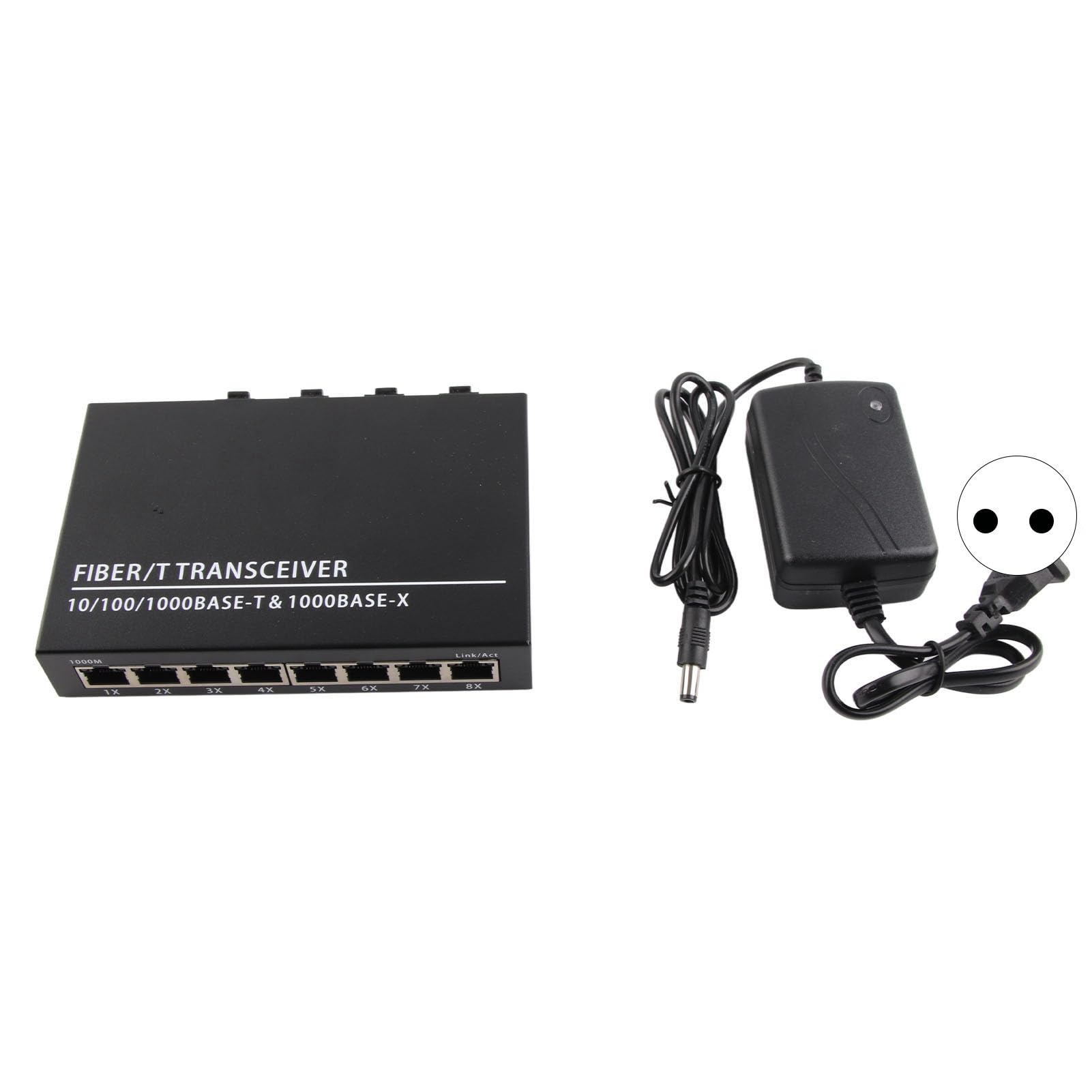 Airshi Convertisseur de Média Fibre Ethernet, Convertisseur de Média Fibre SFP en Métal 8 Ports électriques RJ45 Port 4 Ports Optiques 100-240V jusqu'à 120 Km pour la Maison (Prise UE)
