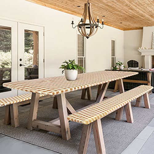 Fitable Checkered Picnic Table Cover Waterproof Outdoor Indoor Table Cover With Bench Covers 3Pcs Set Vinyl Fitted Flannel Backing Tablecloth 30"X72" For Party, Folding Table, Yellow #TOP7