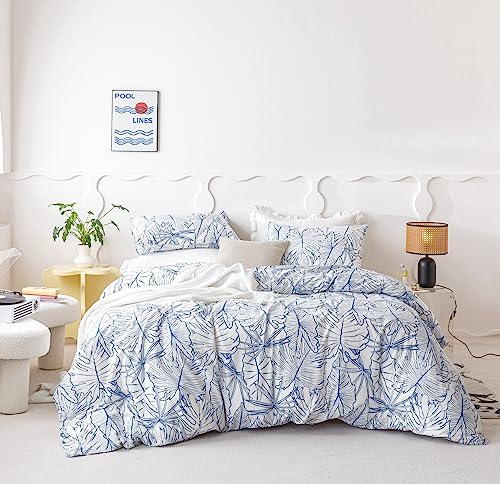 SUSYBAO Tropical Botanical Duvet Cover Queen 100% Cotton 3 Pcs Set 1 Coastal Blue White Plant Duvet Cover with Zipper Ties 2 Pillowcases Hawaiian Monstera Leaves Print Bedding Set Soft Breathable - Image 2
