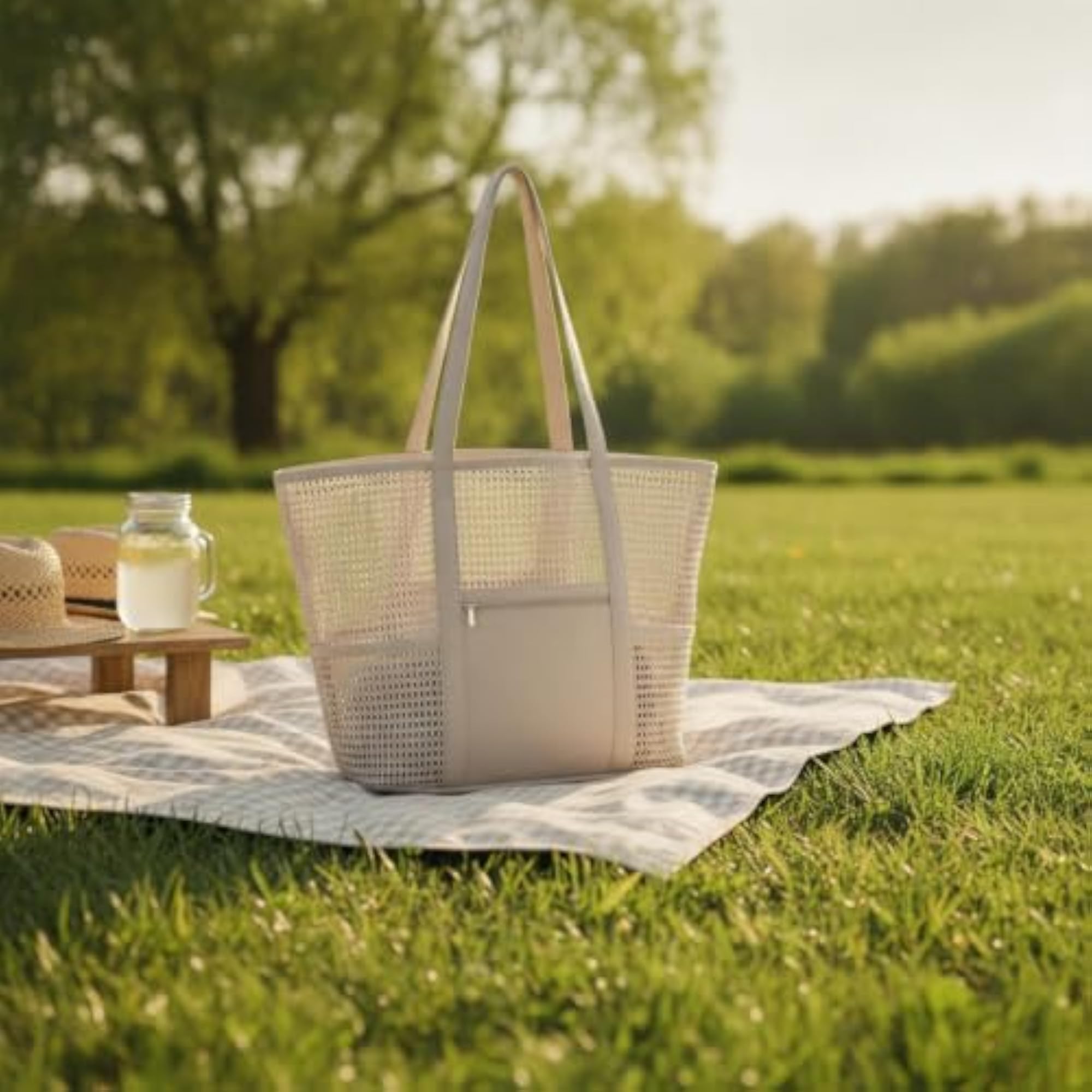 Breathable Mesh Beach Tote Bag with Zip Pocket
