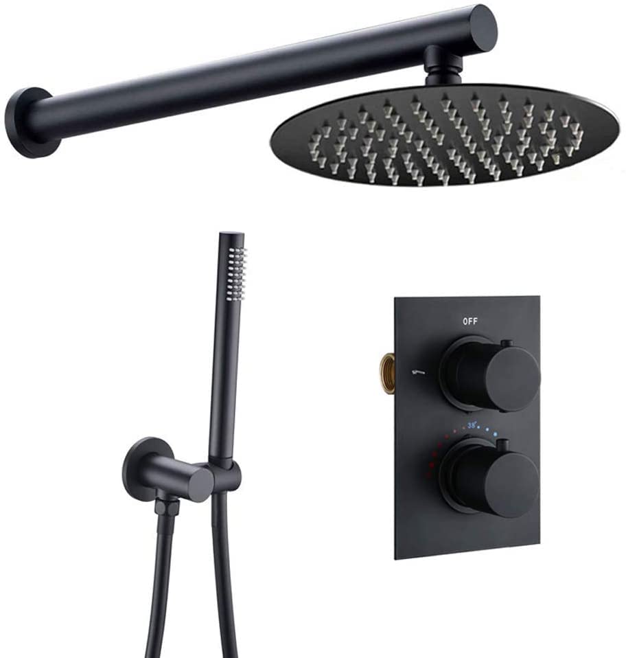 Système de douche anti-brûlure avec mitigeur thermostatique noir et pommeau effet pluie rond