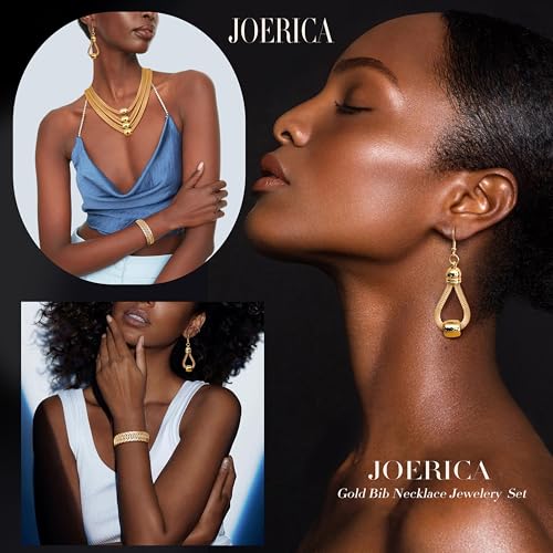 JOERICA 3Pcs Multi-Layer Bib Necklace African Jewelry Set for Women Choker Necklace Stretch Cuff Bracelet Dangle Earrings Halloween Costume Jewelry Set2