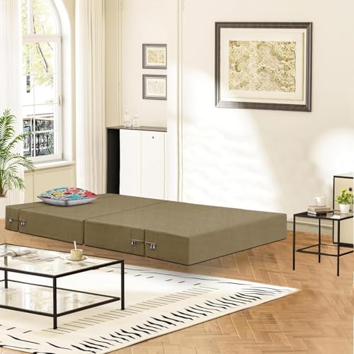 Image of Rosebell - One Seater Sofa Cum Bed, Foldable Sofa Bed 3 X 6 Feet, Jute Fabric- Washable Cover- Including 1 Cushion Perfect for Home & Office - Golden-Color