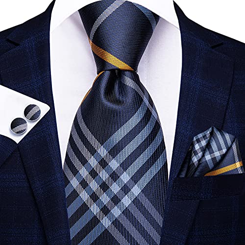 Image of Hi-Tie Mens Plaid Ties Classic Paisley Necktie with Handkerchief Cufflinks Set Business Stripe Tie