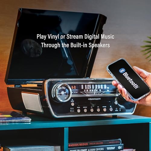 Image of Crosley CR6047A-BK Powel 7-in-1 Bluetooth in /Out Vinyl Record Player with AM /FM Radio, CD Player, and Aux-in, Black