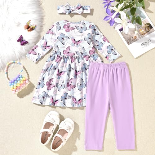 Image of fioukiay Toddler Girls Fall Clothes Set Little Girls Butterfly Tunic Tops Leggings Outfit Boutique Clothing(Purple, 2T)