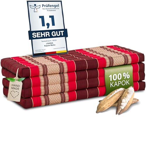 Preisvergleich Produktbild livasia Nachhaltige Klappmatratze aus Kapok - 200x110x8cm - breite Gästematratze, Faltbare Matratze, ökologische Yogamatte, klappbares Gästebett, Liege für Garten und Balkon (Rubinrot)