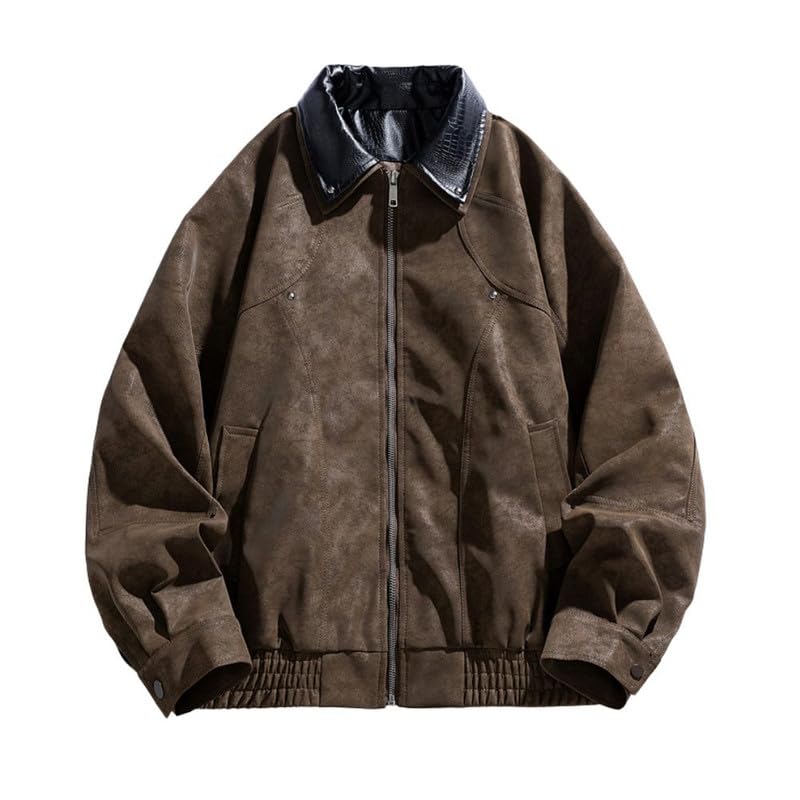 bifanxi Men’s Retro Leather Motorcycle Jacket Lapel Rivet Coat Contrast Color Autumn Winter Top-picture-11