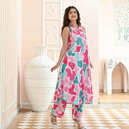 Image of Sidhidata Women's Rayon Blend Geomatric Printed Anarkali Kurta Pant Set |Summer Suit (AK Clouds)