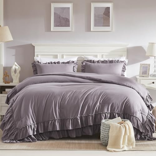 Image of Cupocupa Purple Ruffle King Size Comforter Set, Shabby Chic Boho Bedding Comforter Sets, Fluffy Cozy Bedding Comforters & Sets for All Season, 3PCS Lightweight Farmhouse Rustic Bedding Sets