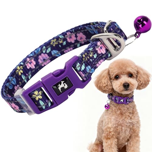 Floral Reflective Dog Collar with Bell -XSmall Puppy Collars for Puppia Pet Cat Girl Kitten Small Breeds, Cute Adjustable Nylon Collar for Yorkie Chihuahua Night Walks (XS) 3 XS