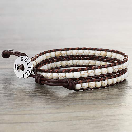 Image of KELITCH Double Wrap Bracelet Women Hand-Braided Turquoise Beads Bracelets Boho Leather Bracelets Bangle