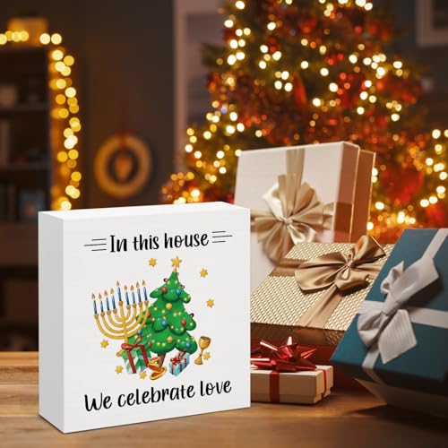Image of Hanukkah Decor, Hanukkah Gifts for Women Men, In This House We Celebrate Love Wood Box Sign, Jewish Christmas Decorations for Home Office Shelf 5 x 5 Inch