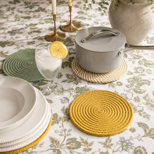 Image of Yellow Cotton Trivet Set of 3 for Dining Table, Centre Table, Side-Table, and Kitchen Countertop. Absorbent, Sturdy. Keep hot Pans and pots (18cms)