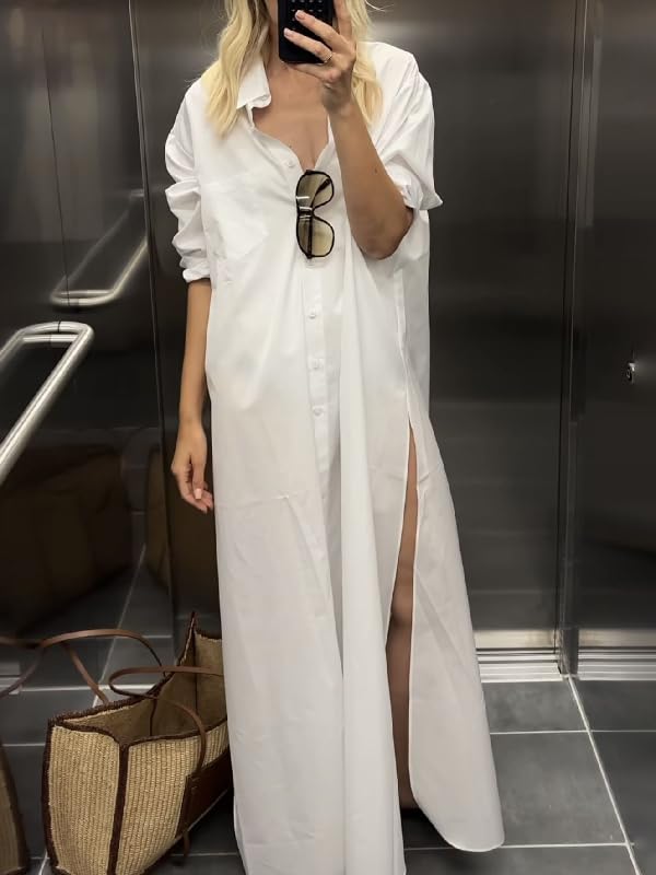 Image of UOOZEE Women's Long Sleeve Maxi Shirt Dress Button Down Side Slit Loose Flowy Vacation Sundress