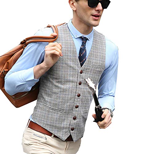 Jiaoyunshi Men's Suit Vest Plaid Vintage V Neck for Wedding Groomsmen Waistcoat Tweed Vest Men2