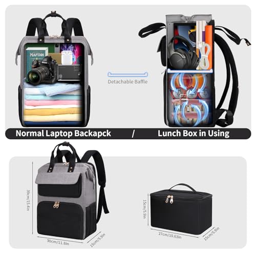 Image of BERTASCHE Lunch Backpack for Women, 15.6 Inch Laptop Backpack with Insulated Cooler Lunch box, Nurse Backpack for Teacher Work Travel College Picnic,Black-Grey