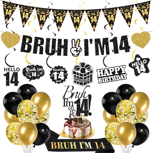 14th Birthday Party Decorations Set - 28 Pcs Black and Gold BRUH IM 14 Glitter Banners Latex Balloons Sash and Hanging Swirls for Teen Boys 14th Party Supplies