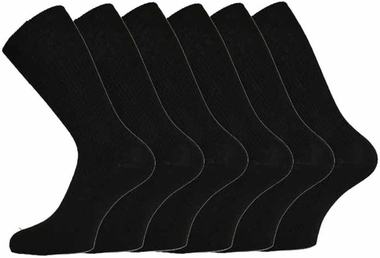Mens 100% Cotton Non-Elastic Loose Wide Top Socks, Size 6-11 UK Black (12 Pairs)