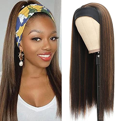Headband Wigs for Black Women, Headband Wig Ombre, Synthetic Glueless Wigs with Headbands Attached Kinky Straight Headband Wig for Daily Use (20inch, kinky straight 1B/30#)