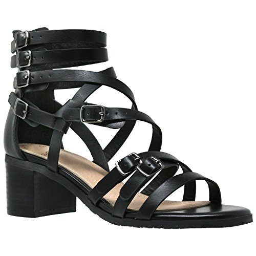 Womens Dress Sandals Strappy Buckle Accent Block Low Heel Gladiators Black SZ 10