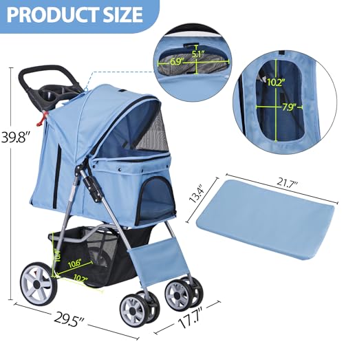 Image of ZENY Foldable Pet Stroller, Cat /Dog Stroller with 4 Wheel, Pet Travel Carrier Strolling Cart with Storage Basket, Cup Holder (Blue)