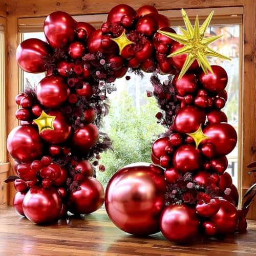 Image of Double Stuffed Burgundy Balloon Arch for Birthday Valentines Party Decor | Latex Wine Red Explosion Star Balloon Arch Garland Different Sizes Maroon Balloons for Bridal Baby Shower Wedding Prom party