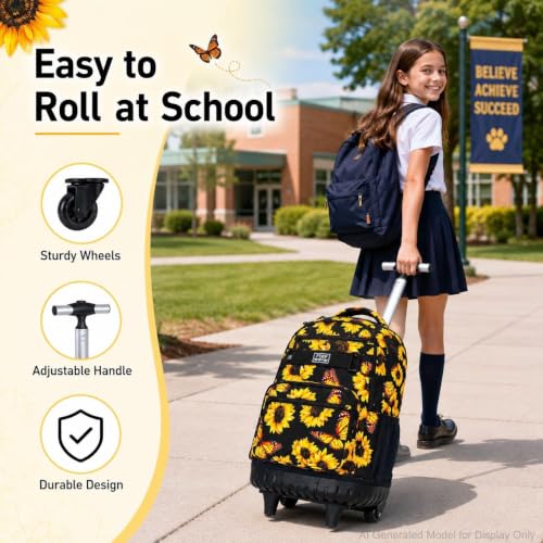 Image of 3Pcs Rolling Backpack for Girls Women, Travel Roller Backpacks with Wheels for Adults, Teens College Sunflower Wheeled Bookbag with Lunch Box(Yellow)