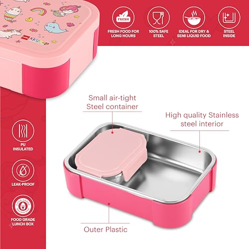 Image of CELLO Kidzbee Galaxy Pink Parade Insulated Kids Lunch Box with Inner Steel Box, Pink | 3D Touch & Feel Designs Tiffin Box | Leak Proof & Break Resistant | Ideal for School & Picnic
