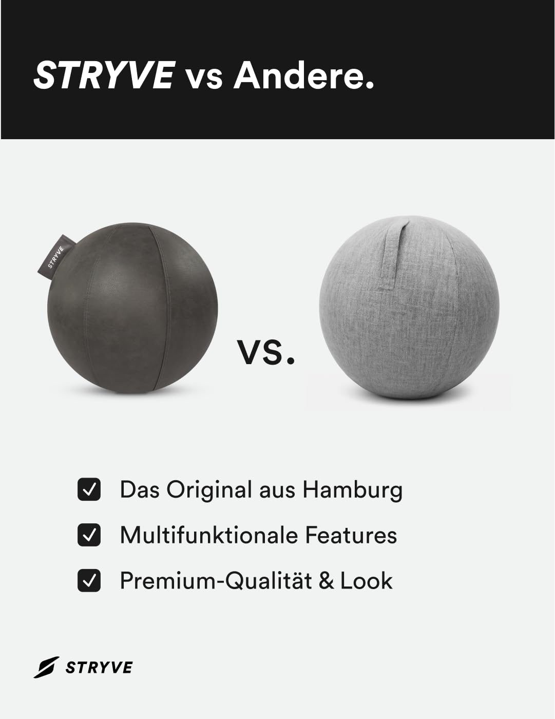 STRYVE Sitzball Büro 65cm - Ergonomischer Gymnastikball mit waschbarem Bezug und Wegrollschutz, inkl. Luftpumpe - Belastbar bis 150kg - Als Bürostuhl, Hocker (Stone Grey Kunstleder, 65)