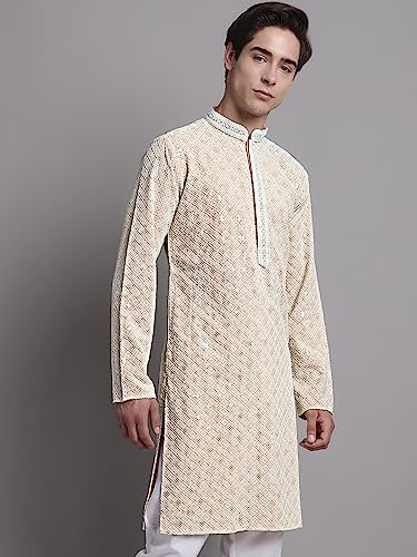 Image of Jompers Men's Regular Fit Cotton Chikankari Embroidered and Sequence Kurtas