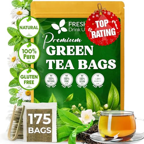 Image of FreshDrinkUS, Premium 175 Green Tea Bags, 100% Natural & Pure from Green Tea Leaves. Loose Leaf Green Tea Herbal Tea. Made with Natural Material Tea Bags. No Sugar, No Gluten, Vegan.