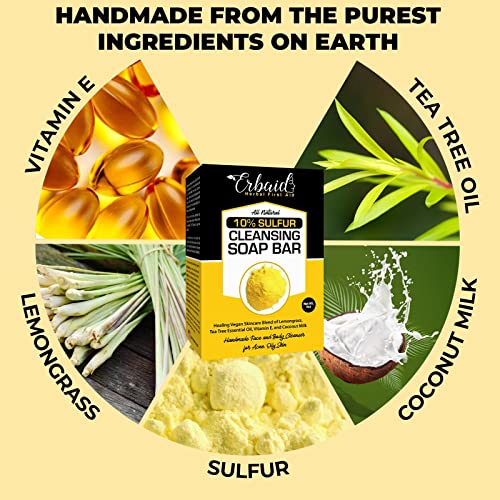 10% Sulfur Soap Cleansing Bar for Face & Body – All Natural Sulfur Facial Cleanser for Acne, Oily Skin – Skincare Blend of Lemongrass, Tea Tree Essential Oil, Vitamin E, Coconut Milk – Sulfur Soap Bar Made in USA (4 Ounce (Pack of 1))