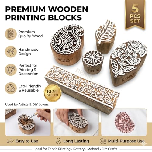 Image of RENIQ Wooden Printing Block for Fabric & DIY Craft | Handcrafted Indian Design Stamp for Textile, Pottery, Mehndi & Home Decor (Multicolor16)