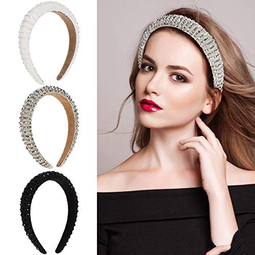 Miss House 3 Pieces Rhinestone Padded Headband Diamond Crystal Beaded Headband Wide Glitter Hairband Headwear Women Girls Party Hair Accessories