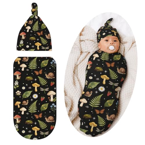 Image of Qwalnely Mushroom Swaddle Blanket with Hat for Baby, Swaddling Mushroom Baby Stuff