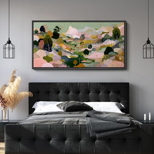 Image of MUDECOR Extra Large Framed Canvas Print Wall Art Colorful Abstract Landscape with Trees Contemporary Antique Retro Ready to Hang Painting for Living Room Bedroom Multi-Sizes - 60 inchx30 inch