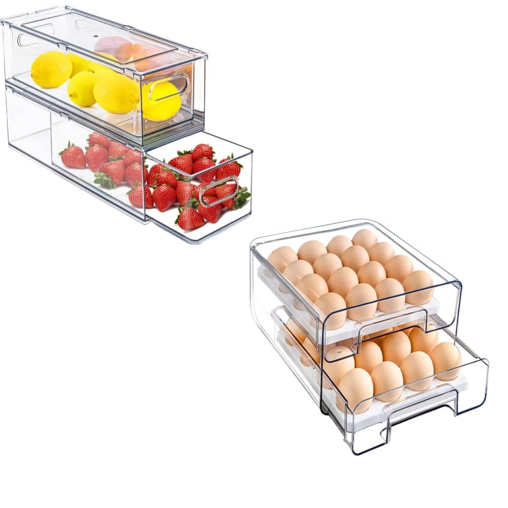 2 Pack Fridge Organizer Bins with Pull-out Drawer,Stackable Fridge Drawer, Clear Fridge Organizers and Storage and 32 Grid Large Capacity Egg Fresh Storage Box for Fridge, Double Layer Egg Drawer,