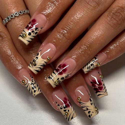 French Tip Press on Nails Medium Length Coffin Fake Nails Yellow False Nails Tips with French Leopard Print Designs Red Flower Stick on Nails Natural Acrylic Glue on Nails for Women Girls 24Pcs