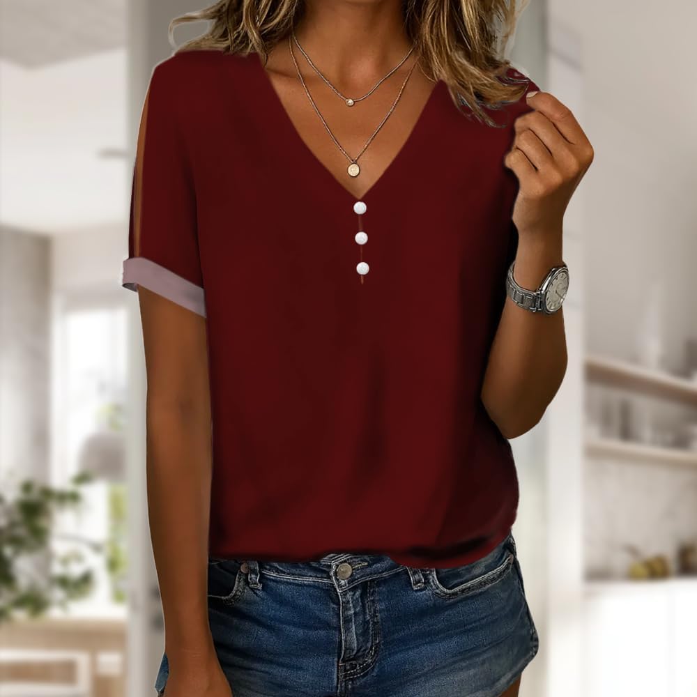 Summer Tops for Women Loose Causal Button T Shirts Trendy Soild Color Blouses Short Sleeve Basic Tees - Image 2