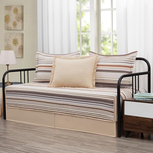 Image of Chezmoi Collection Avery Striped Cotton Quilt Set Daybed Size, 5-Piece Soft Pre-Washed 100% Cotton Quilt, Multi-Color Brown