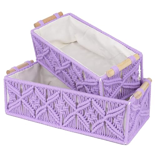 BUNCHBRAVO Boho Macrame Storage Baskets - Set of 2 with Purple Leaf Pattern, Cotton Woven Bins for Toilet Tank, Bathroom, Shelf, Entryway Decor, Clutter-Free Space Organizers