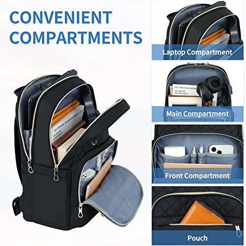 KROSER 15.6-Inch Stylish Laptop Backpack with USB Port for Travel and Business - Water-Repellent Nylon in Black for Women