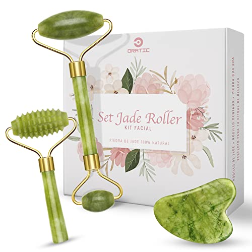 Set 3 Rodillo de jade facial que incluye Gua Sha y rodillo masajeador dentado - Roller doble de piedra jade natural para anti envejecimiento y anti arrugas ideal para la cara y cuello Cover