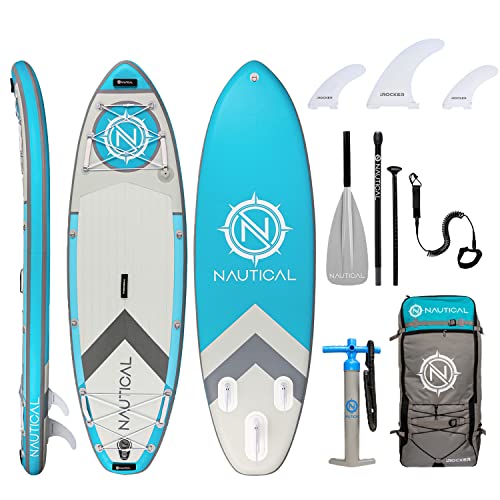 iROCKER Nautical Kids Inflatable Stand Up Paddle Board, 9' Long 32' Wide 6' Thick SUP with Premium Bag, 67.3' Paddle, Pump, Leash, and Removable Nylon Fins, Teal