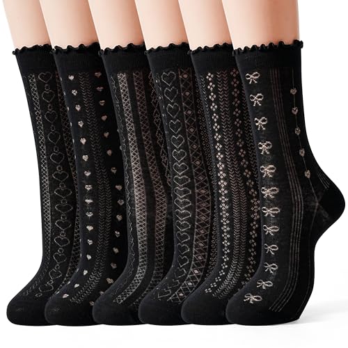 Jeasona Womens Black Ruffle Dress Socks Cotton Crew Thin Black Frilly Crew Women Cute Casual Sock 6 Pairs Ruffle Lace Frilly Mesh Spring Clothes Accessories Socks Girls Women Gifts