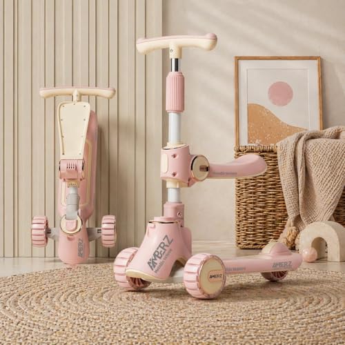Image of Multi-Functional 2 in 1 Kids Kick Scooter with Foldable Seat | Adjustable Handlebar | PU LED Flashing 3 Wheels | for Boys & Girls Age 3-14 Years (KS-110 Pink)