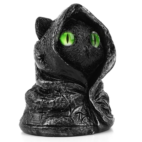 JULEASEL Cute Halloween Black Cat Figurine – Mini Resin Cloak Cat with Big Green Eyes, Adorable Desk & Shelf Decoration, Small