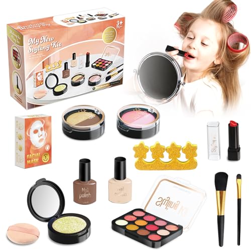 Pretend Maletin Maquillaje,Juego Maquillaje Niña,Maletin Maquillajes Infantil,12 Pieza Kit Maquillajes Niña Juguete,Tocador Niñas Juguete para 3+ Años,Regalo de Cumpleaños Infantil (Marrón)