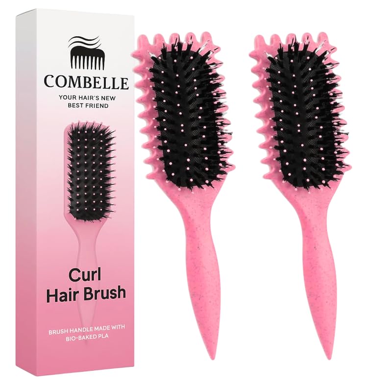 Image of Combelle 5-in-1 Curl Hair Brush | Vegan Boar Bristles | Bio-Based PLA Handle | Detangling, Defining & Frizz Control for Curly & Wavy Hair | For Men & Women - Red (Pack of 2)